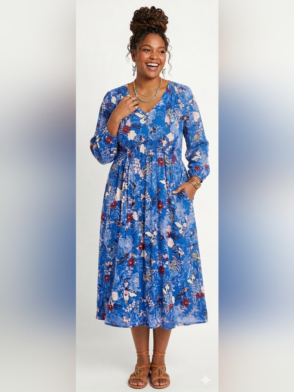 Casual 2X Boho Cottage Floral Blue Festival Artisy Pockets Maxi Dress New